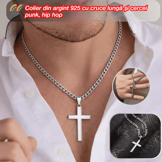 🌈【Cumpărați 1 obțineți 1 gratuit】🌈Colier din argint 925 cu cruce lungă și cercei punk, hip hop