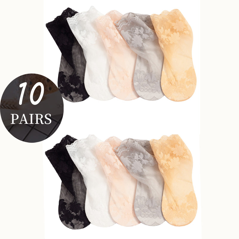 🔥Ofertă specială🔥【10 perechi】🧦Frumosi șosete antiderapante din dantelă subțire invizibilă
