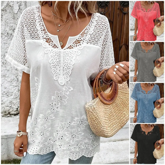 🔥💝 2026 Top tricou cu mânecă scurtă din dantelă pentru femei, cu decolteu în V