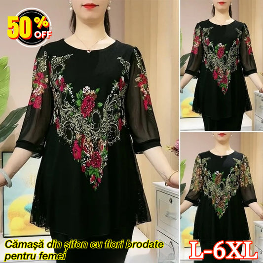 🔥🔥【L-6XL】 Cămașă din șifon cu flori brodate pentru femei