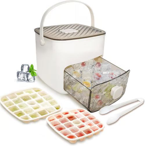 💞Vânzări de peste 50.000! 💥🥤🧊 Reducere de 50%! Aparat de gheață cu funcție de depozitare: produce 48 de cuburi simultan, capac etanș. Stivuibil, economisește spațiu. Include lingură și clește pentru gheață 🏖️✅