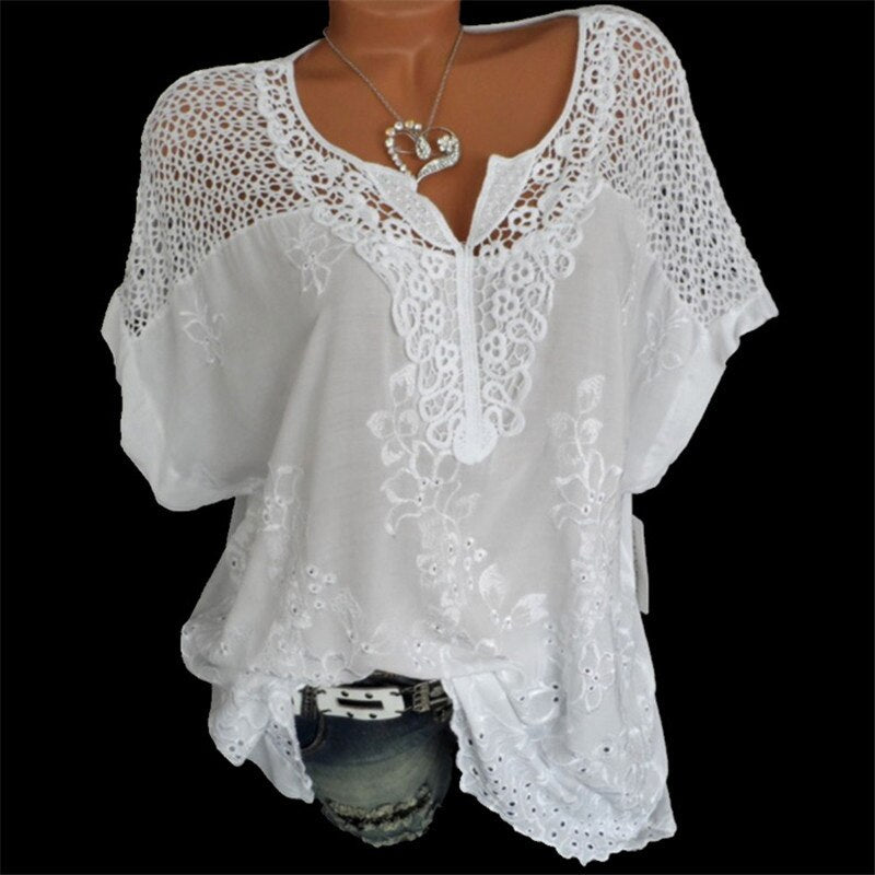 🔥💝 2026 Top tricou cu mânecă scurtă din dantelă pentru femei, cu decolteu în V