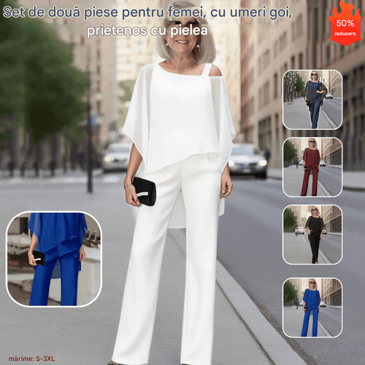 ⏳Ofertă limitată în timp⏰【50-120KG】👚👖Set de două piese pentru femei, cu umeri goi, prietenos cu pielea✅【Bluză + Pantaloni】