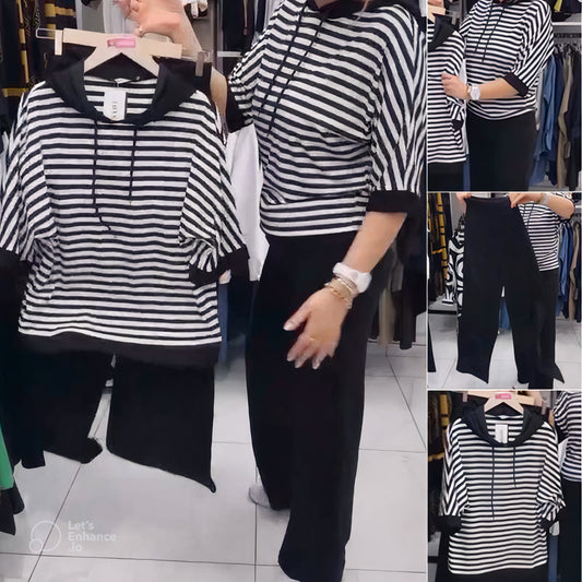 💥 LICHIDARE DE STOC 💥 Set de top cu dungi și pantaloni uni pentru femei