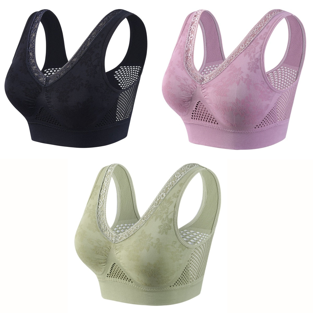 【40-120 kg】【Set de 3】Sutien din dantelă cu susținere ridicată și fără fereastră pentru femei