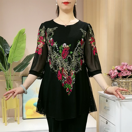 🔥🔥【L-6XL】 Cămașă din șifon cu flori brodate pentru femei