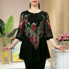 🔥🔥【L-6XL】 Cămașă din șifon cu flori brodate pentru femei