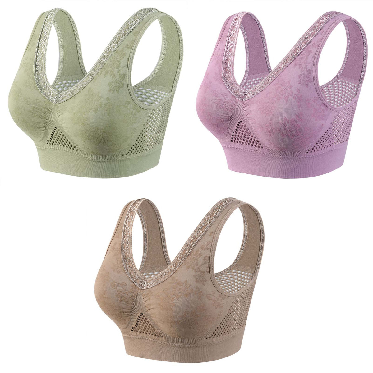 【40-120 kg】【Set de 3】Sutien din dantelă cu susținere ridicată și fără fereastră pentru femei