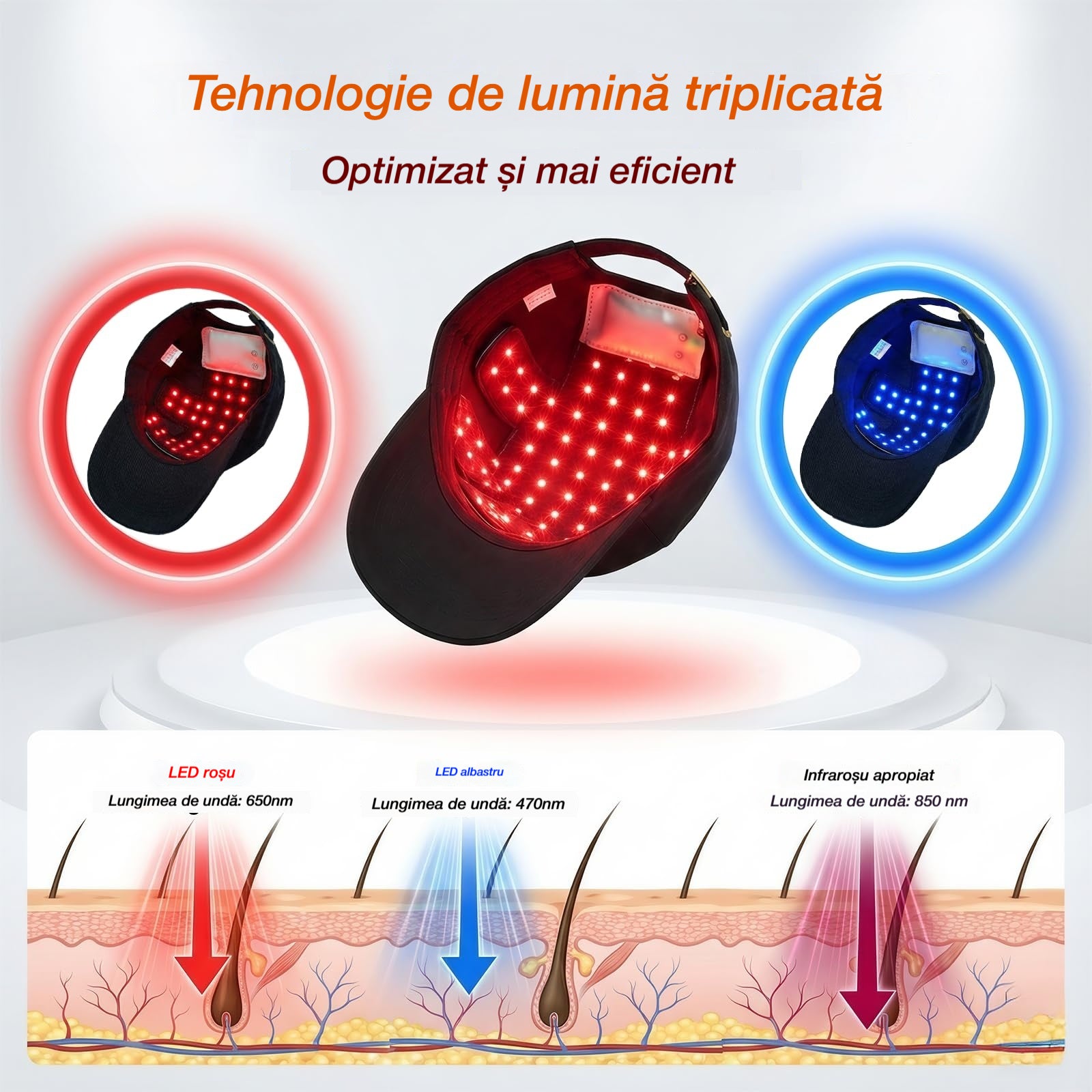 🧢 🔴Cască portabilă pentru terapie cu lumină pentru păr 🔋 Baterie încorporată ✨ Pentru bărbați și femei