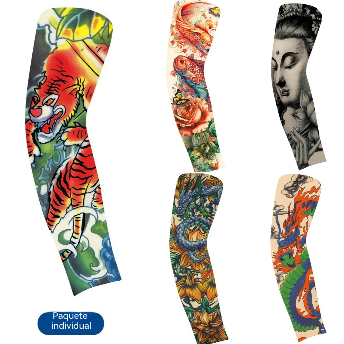【5 bucăți】Mâneci temporare pentru tatuaje, tip slip-on, potrivite pentru braț, cu protecție solară și design de pictură corporală.