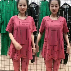 【Bluză + Pantaloni】🔥Costum de femeie cu mânecă scurtă, stil nou 2026, lejer, pentru femei de vârstă mijlocie și în vârstă