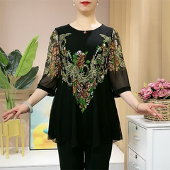 🔥🔥【L-6XL】 Cămașă din șifon cu flori brodate pentru femei